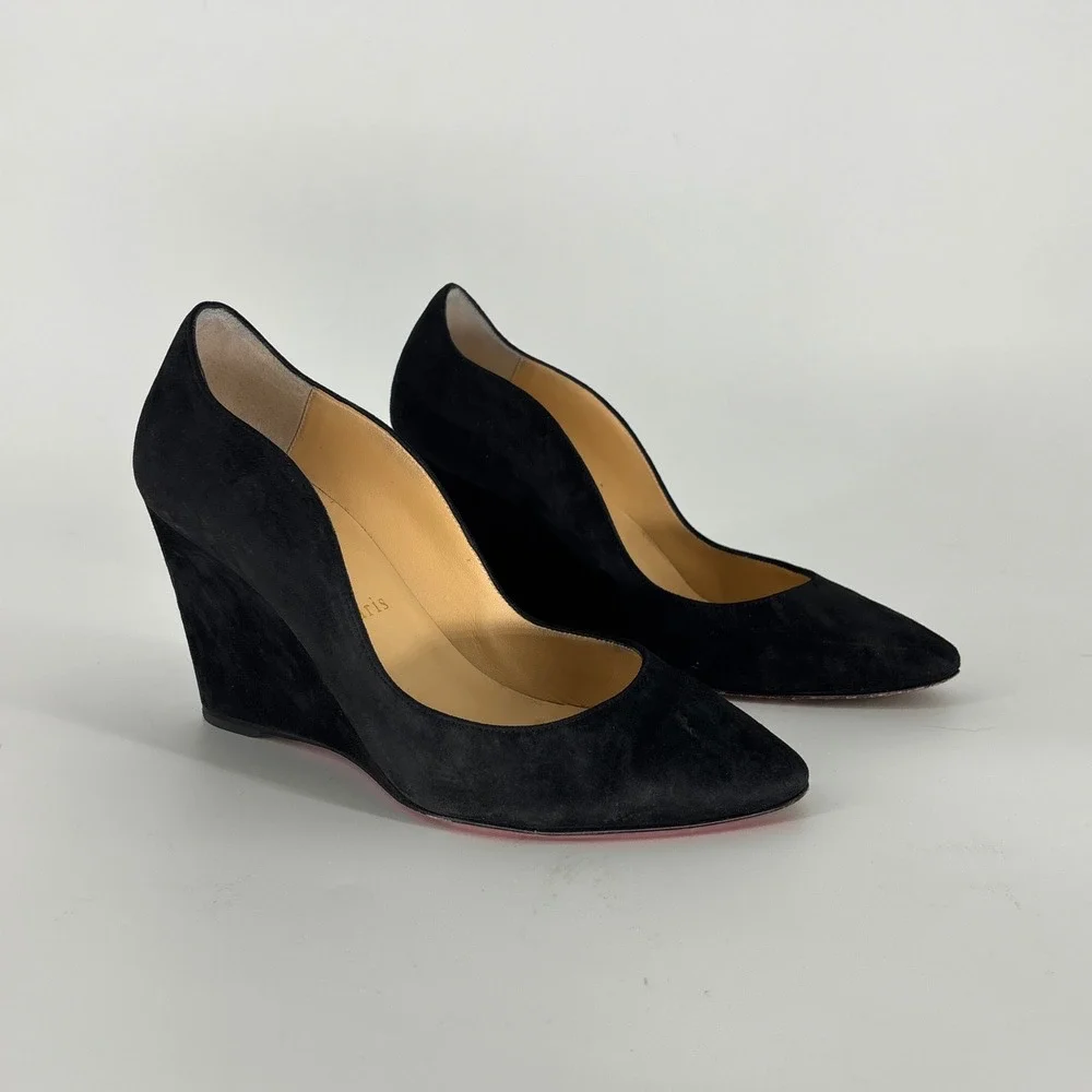 Christian Louboutin Tanja 85 Suede Wedge Pumps Black Women Size 36 Pointed Toe